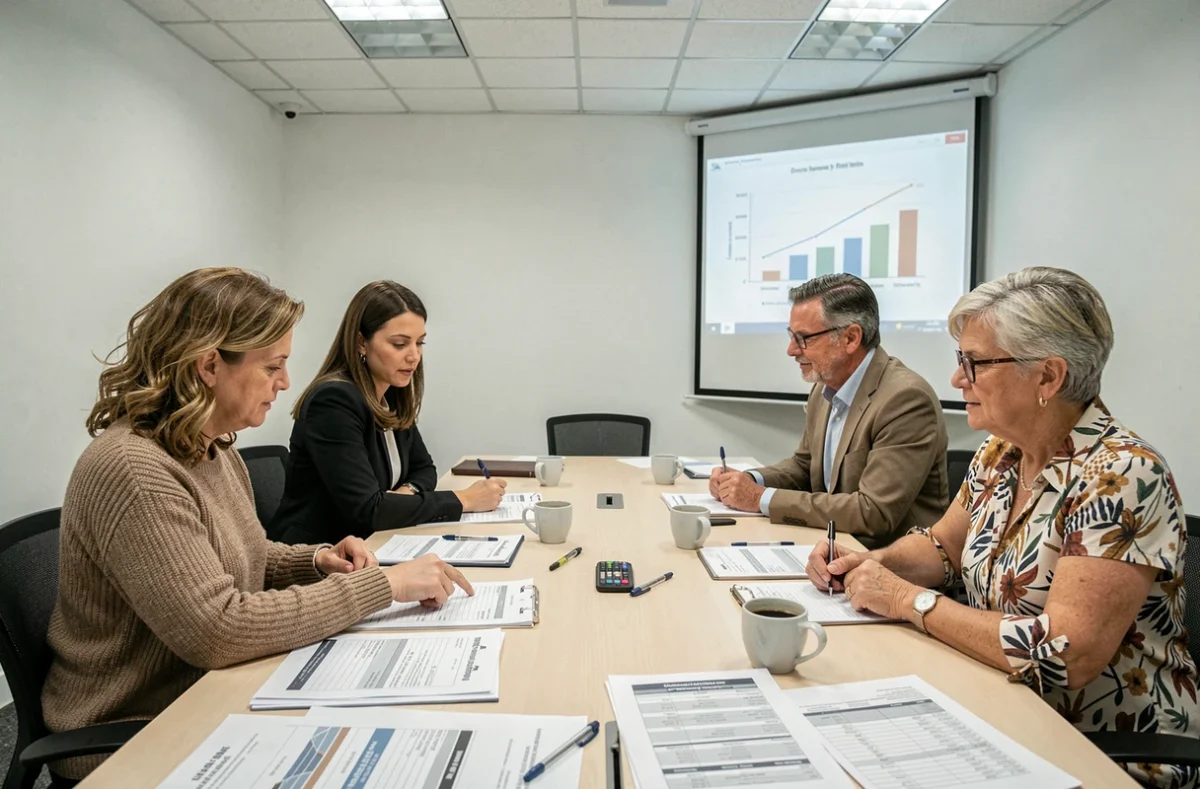 Réunion d'assemblée générale de copropriétaires autour d'un tableau de répartition des charges de travaux