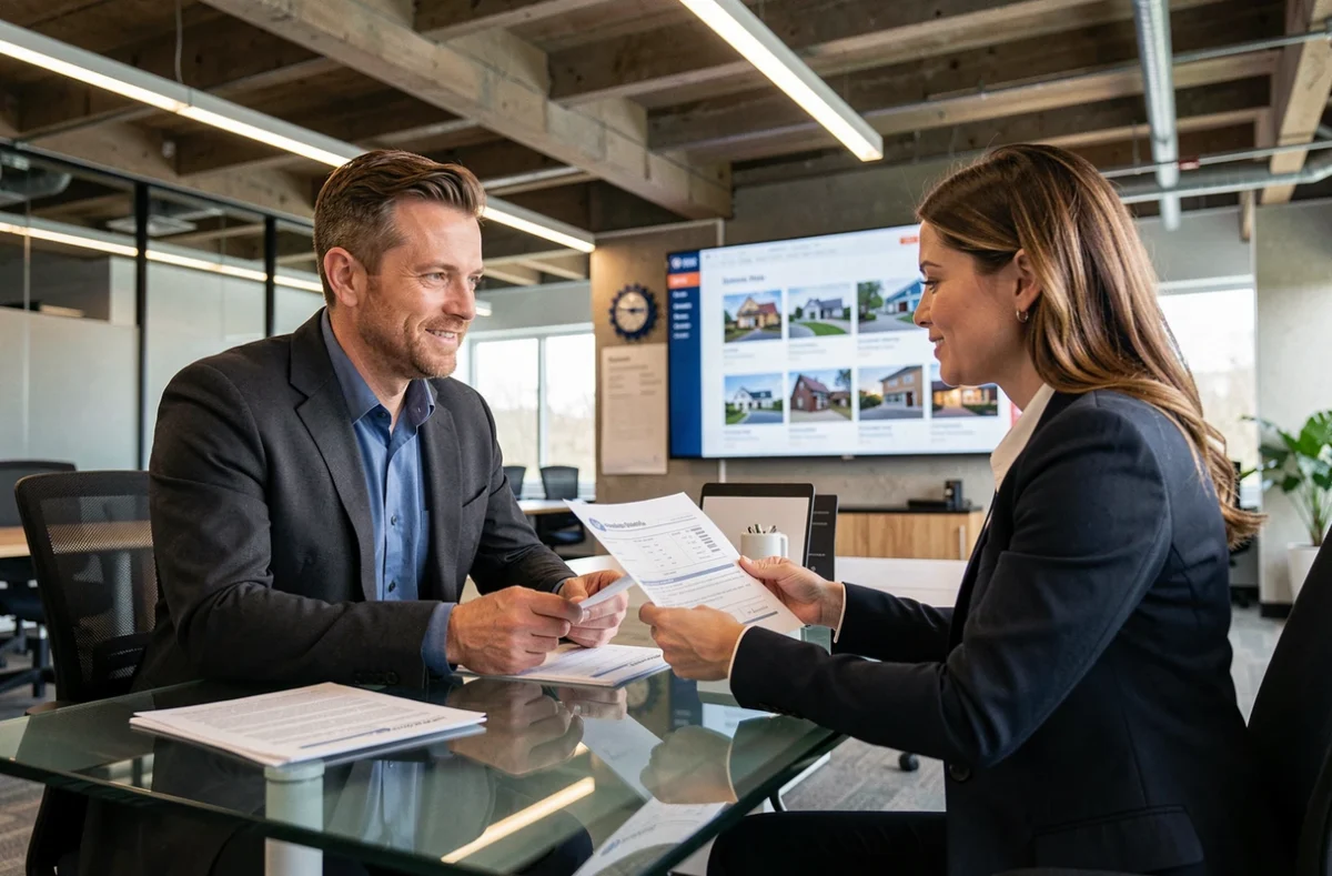Spécialiste d'Avicap présentant une offre de prêt immobilier à une cliente dans un espace de travail moderne