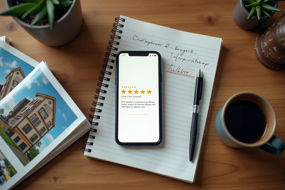 Avis clients cinq étoiles sur smartphone entouré de notes manuscrites et brochures immobilières sur un bureau en bois