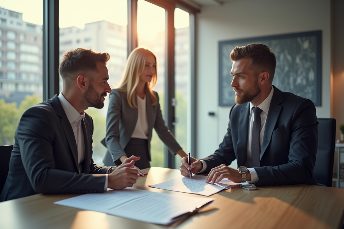 Avocat dans un bureau moderne expliquant un document locatif