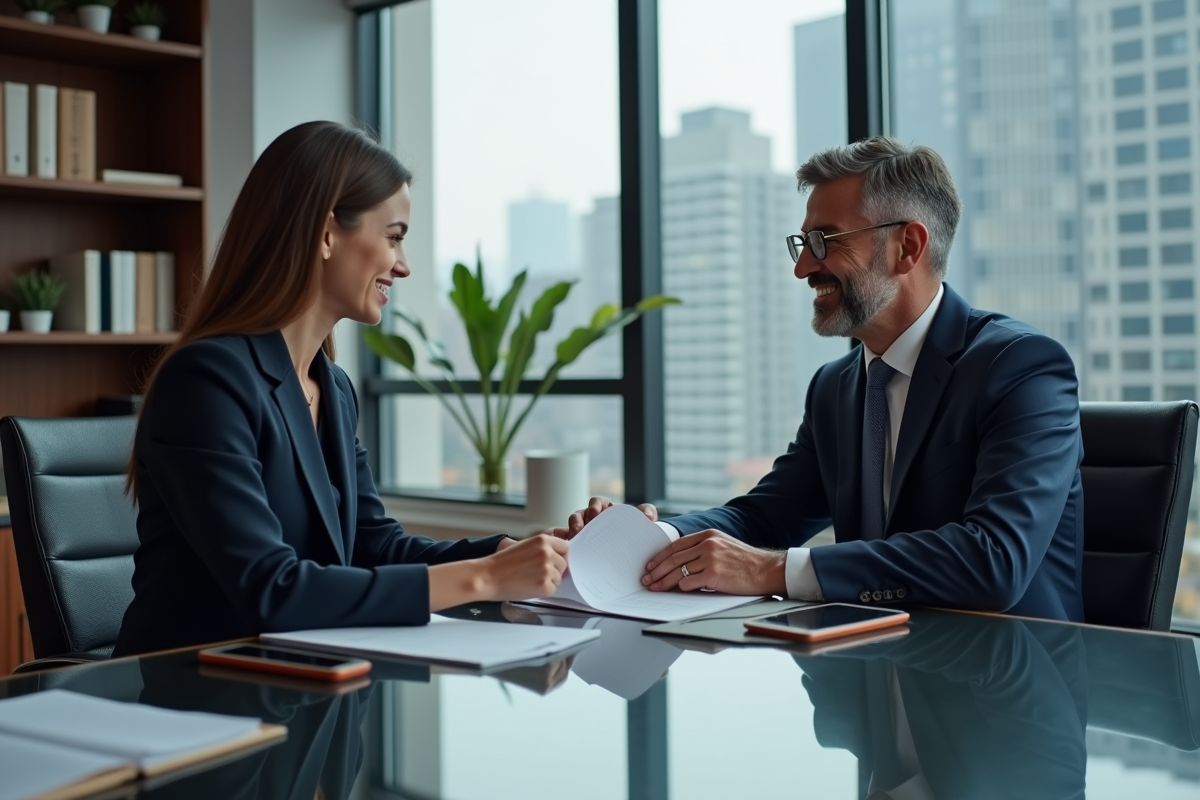 Conseiller financier et cliente signant un contrat dans un bureau
