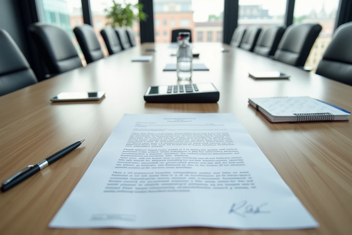 Contrat de bail commercial avec calculatrice et notes manuscrites sur une table de réunion, illustrant la révision de loyer tertiaire