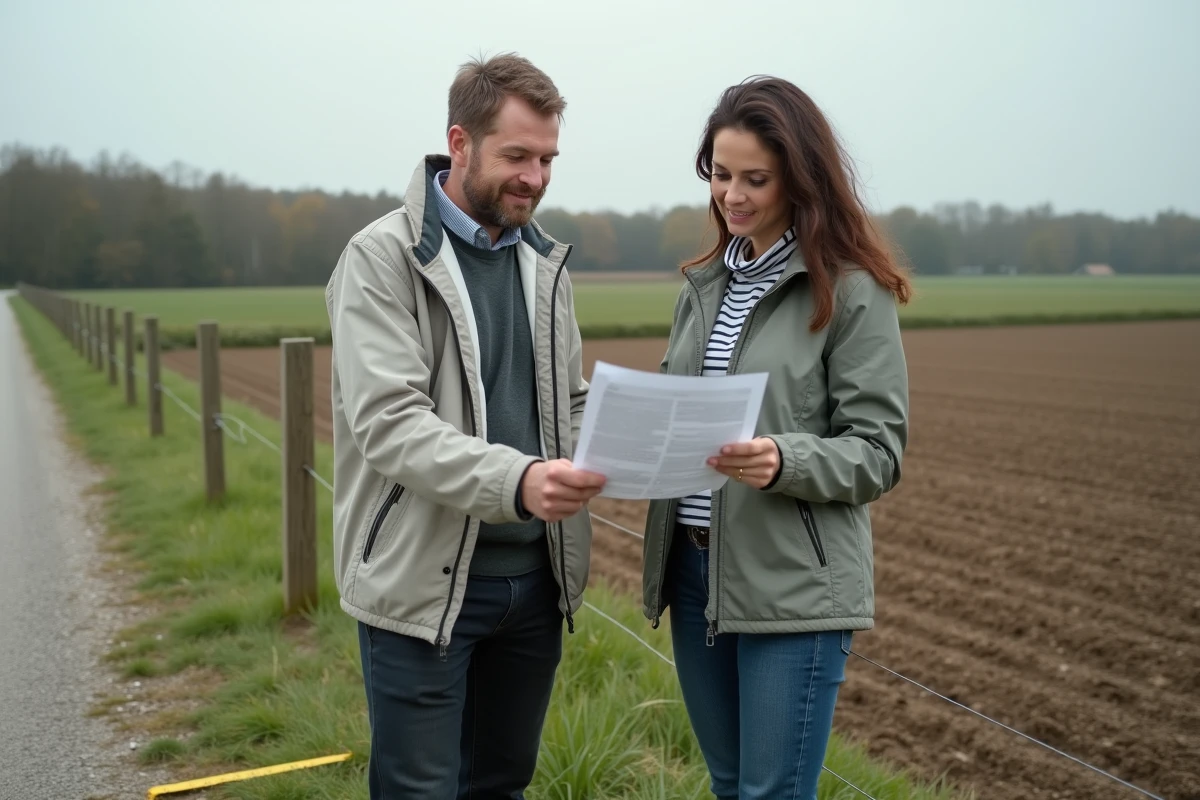 Propriétaire et locataire agricole examinant un contrat de bail sur un terrain rural en France