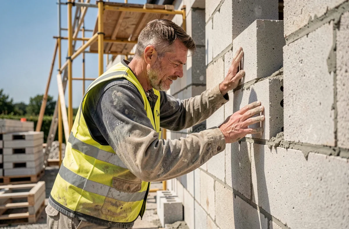 Ouvrier de Blain Construction posant des parpaings sur un chantier en Loire-Atlantique