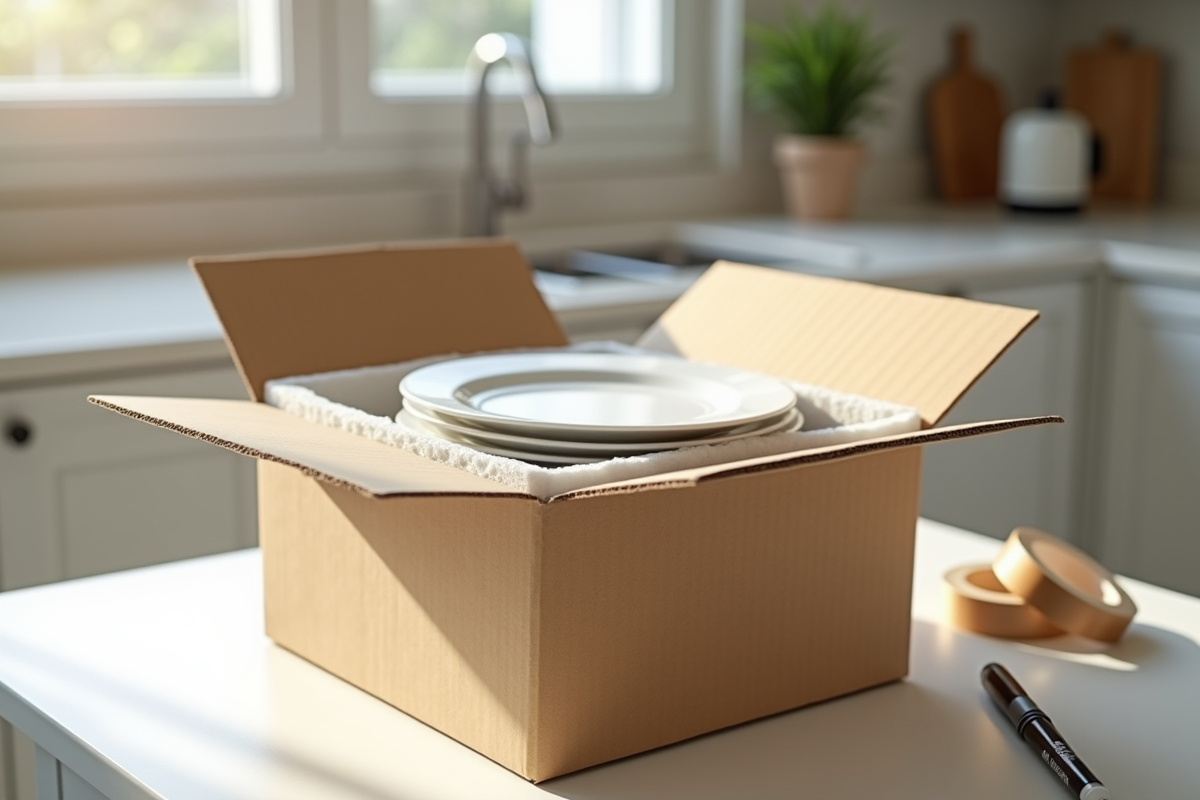 Boîte en carton ouverte avec assiettes empilées séparées par des feuilles de mousse dans la cuisine