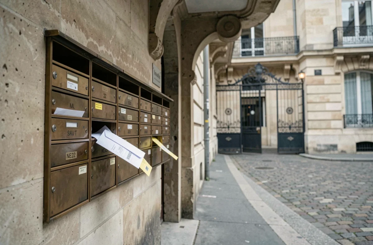 Rangée de boîtes aux lettres en bronze dans l'entrée d'un immeuble haussmannien parisien du 19e arrondissement