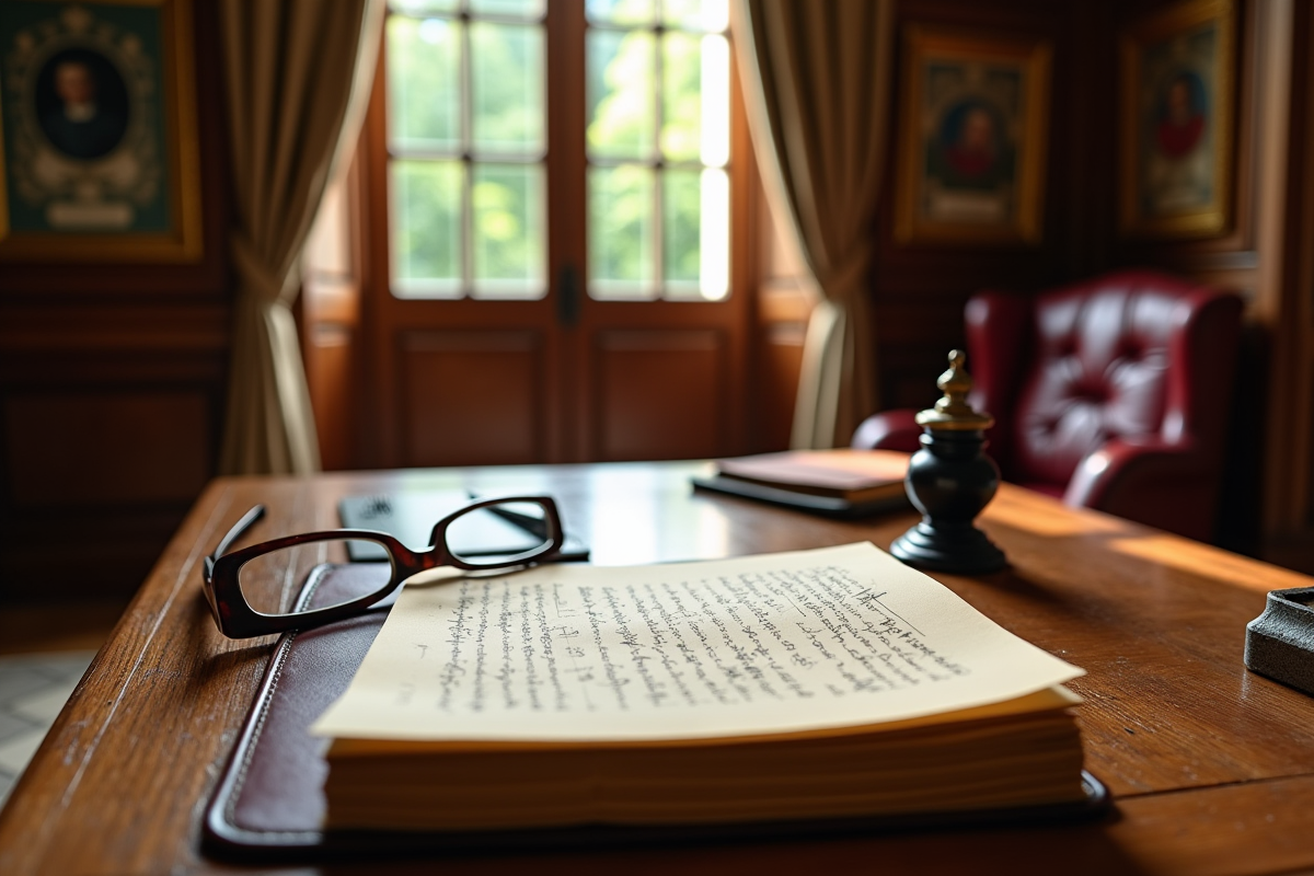 Bureau ancien avec lettres et encrier au château