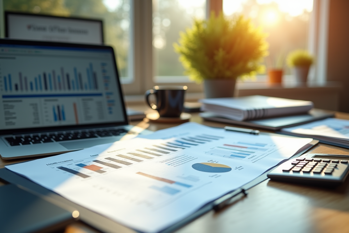 Bureau organisé avec documents financiers et ordinateur affichant des graphiques immobiliers