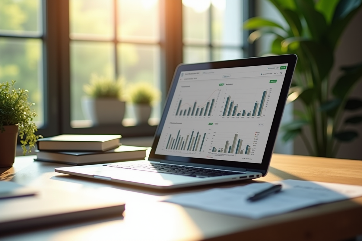 Espace de travail avec ordinateur affichant des graphiques immobiliers