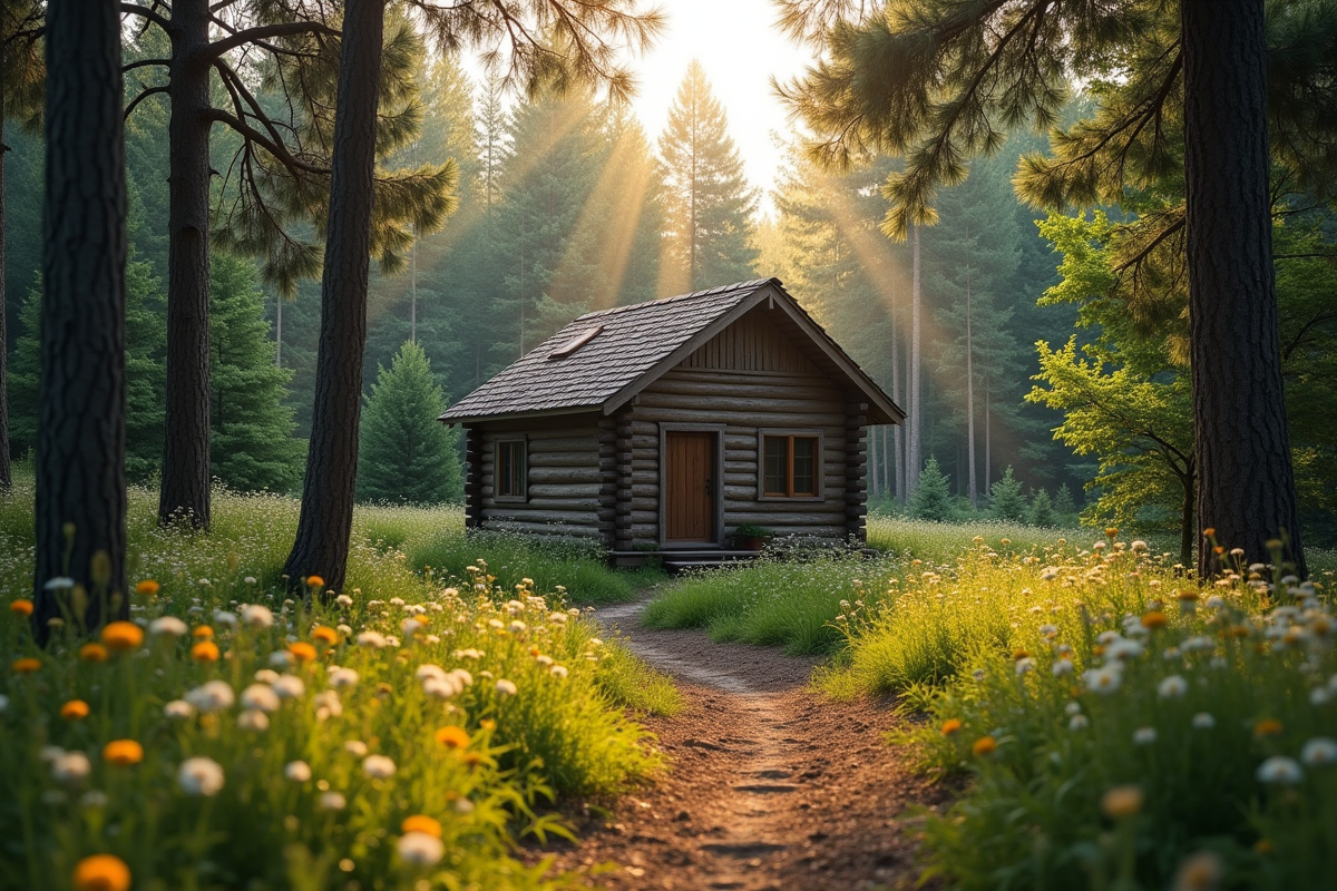 Cabane en bois rustique au bord de la forêt tranquille