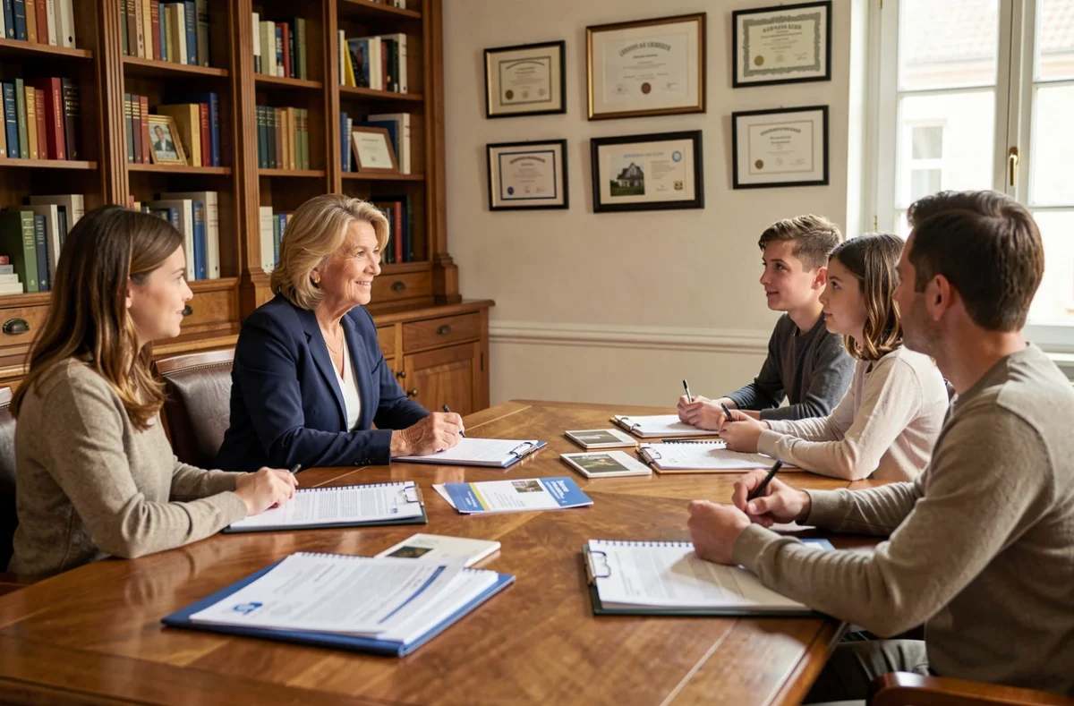 Conseillère CAFPI présentant des offres de prêt immobilier à une famille dans un bureau traditionnel
