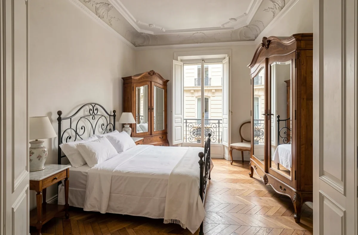 Chambre haussmannienne élégamment décorée avec lit en fer forgé et volets parisiens pour une location saisonnière de prestige