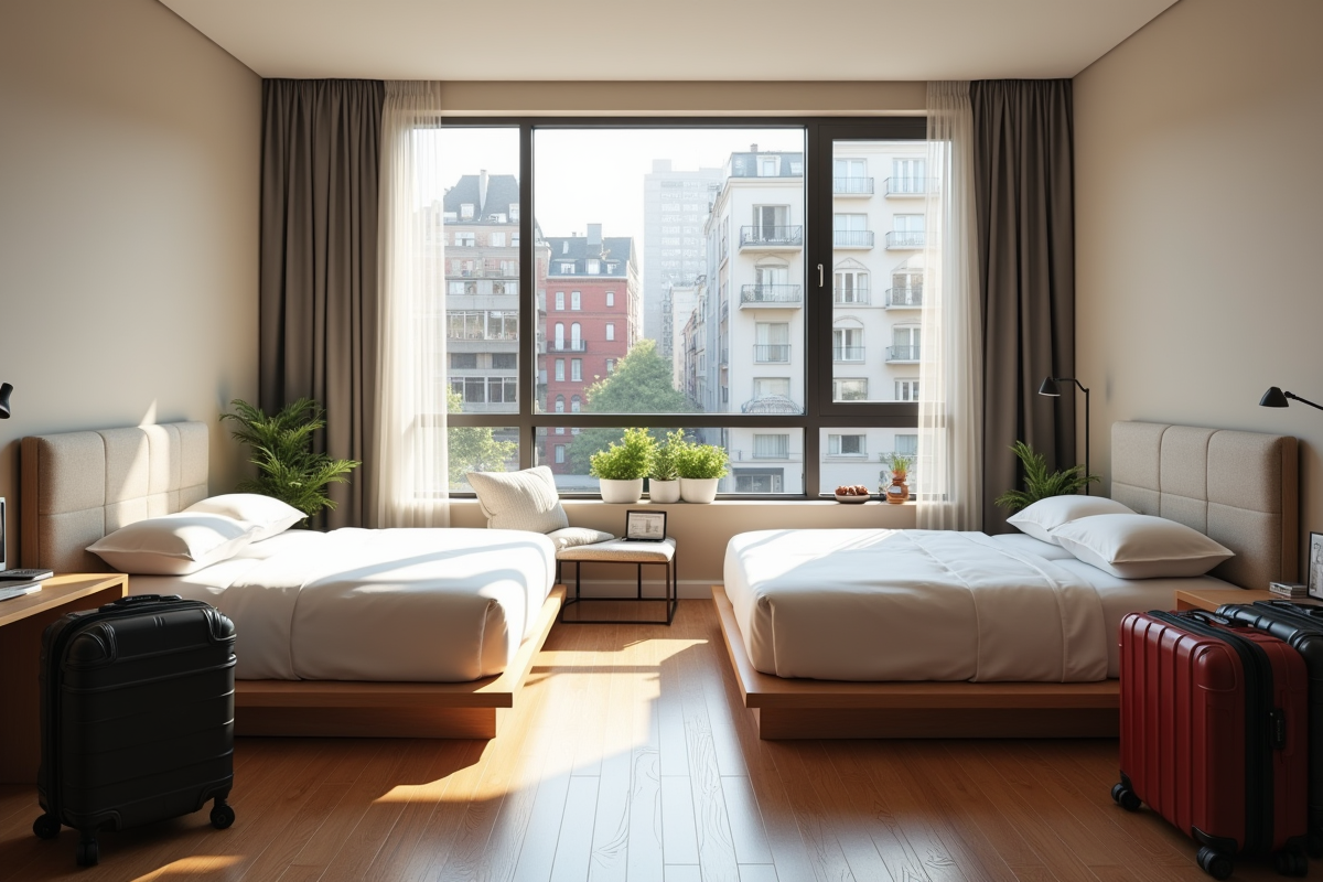 Chambre lumineuse avec lits et contrat de location visible