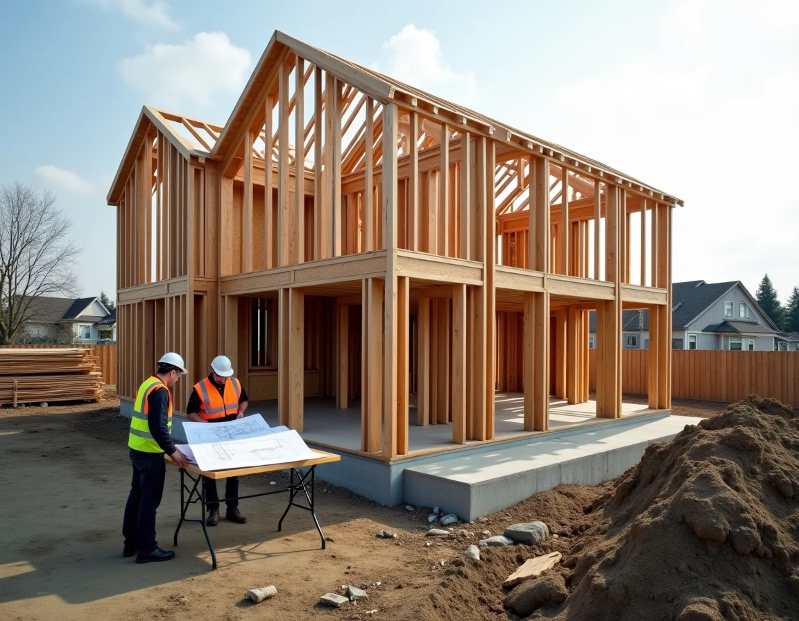 Chantier de construction d'une maison ossature bois de plain-pied avec charpente apparente et ouvriers