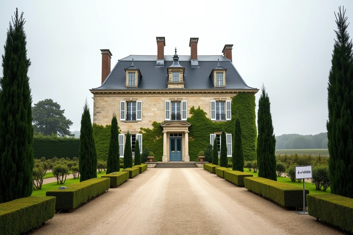 Château viticole bordelais à vendre avec panneau immobilier, allée de gravier et vignes s'étendant à l'horizon, illustration du marché des domaines viticoles à Bordeaux
