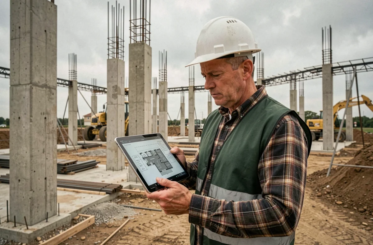 Chef de chantier consultant un plan BIM sur tablette sur un site de construction, représentant les défis pratiques liés à l'utilisation du BIM sur le terrain