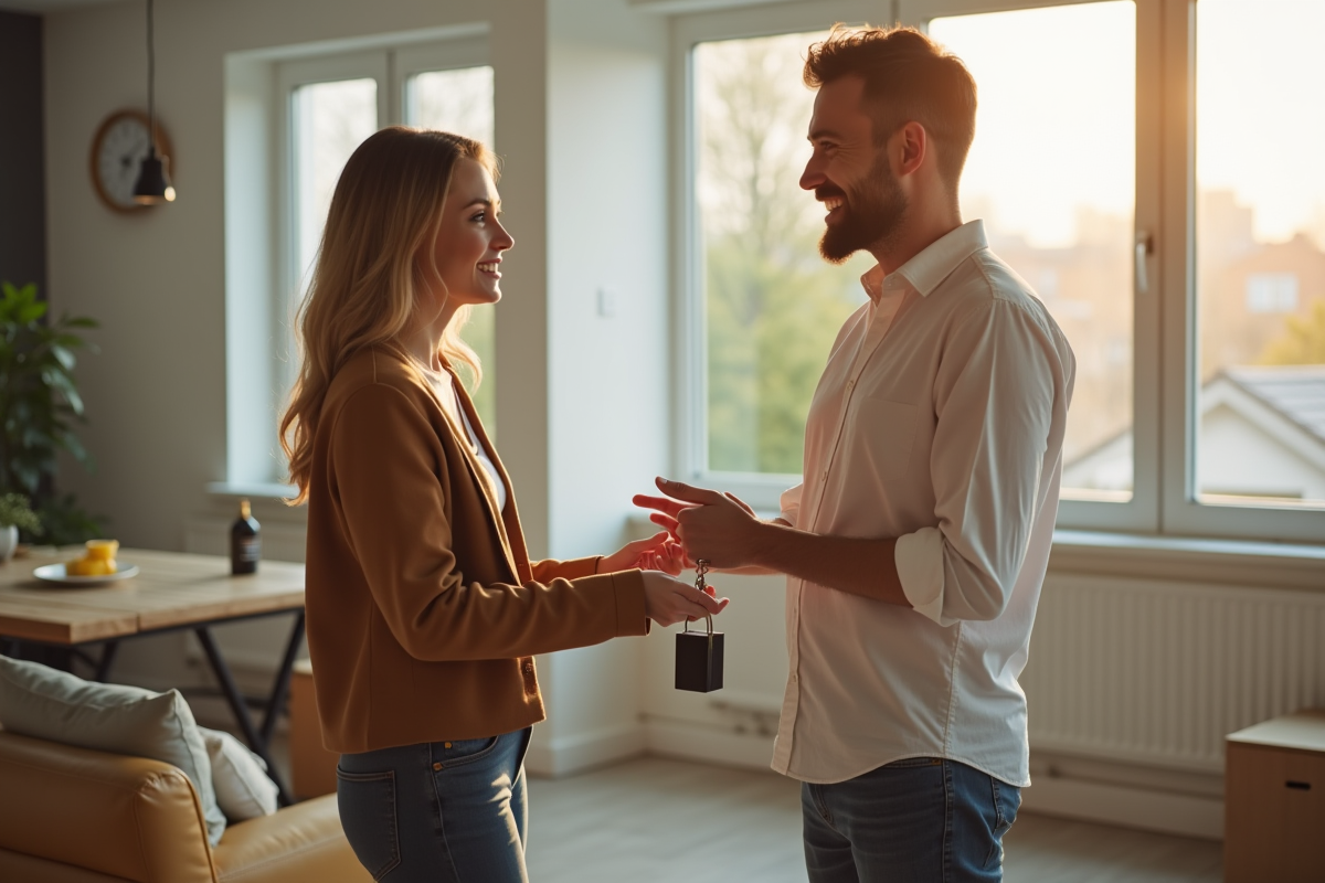Propriétaire souriant remettant les clés à un couple dans un salon lumineux