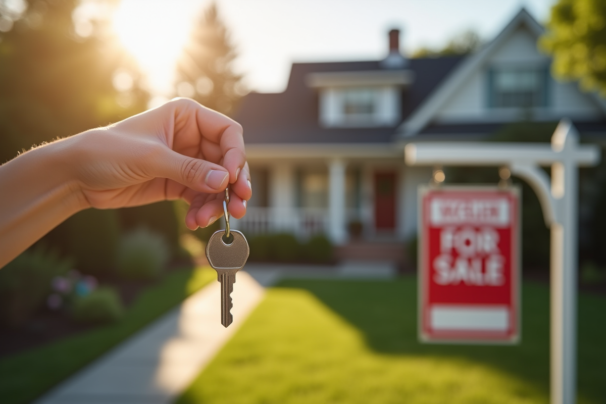 Main tenant une clé de maison devant une maison en vente au matin