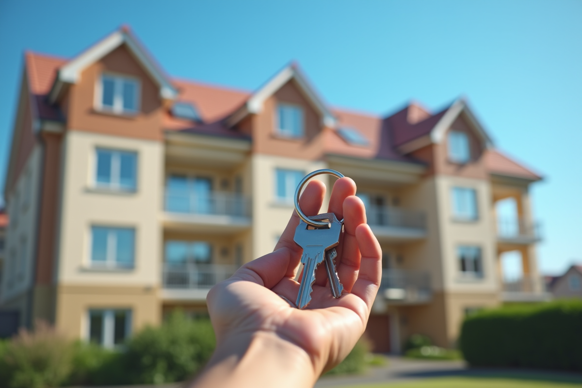 Main tenant des clés devant un immeuble bien entretenu