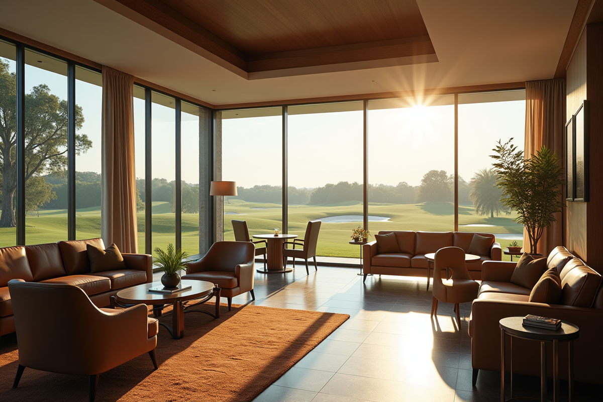 Salon de club de luxe avec vue sur golf et lumière naturelle