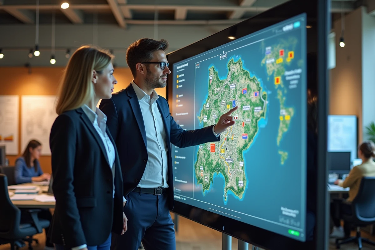 Deux professionnels de l'immobilier étudiant ensemble une carte foncière interactive sur grand écran pour identifier les meilleures opportunités d'investissement