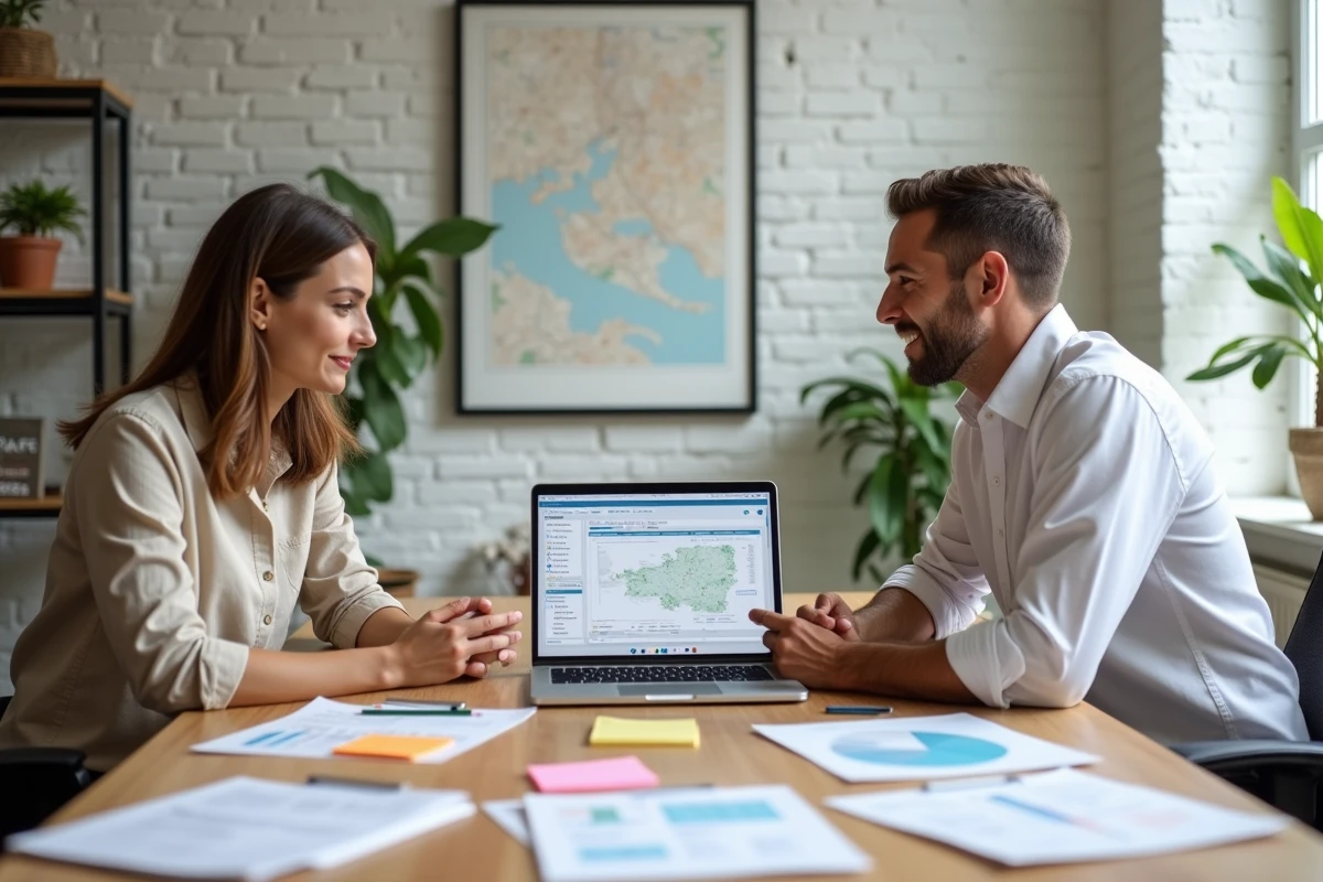 Deux professionnels de l'immobilier collaborant autour d'un outil de prospection sur ordinateur portable avec des rapports imprimés dans une salle de réunion moderne