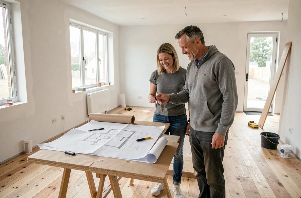 Couple découvrant l'intérieur de leur maison neuve construite par Coméca Les Maisons à Nantes