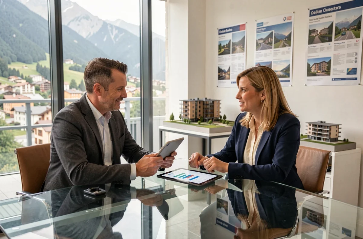 Deux professionnels de l'immobilier discutant de la rentabilité d'un achat d'appartement en Andorre dans une agence