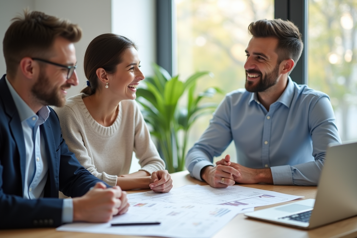 Couple avec conseiller immobilier lors d un projet de renovation