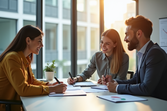 Conseiller financier souriant avec un couple dans un bureau lumineux