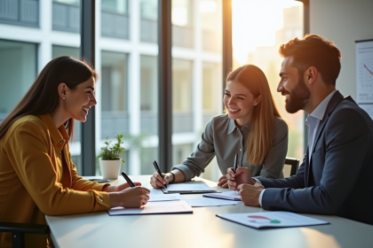 Conseiller financier souriant avec un couple dans un bureau lumineux