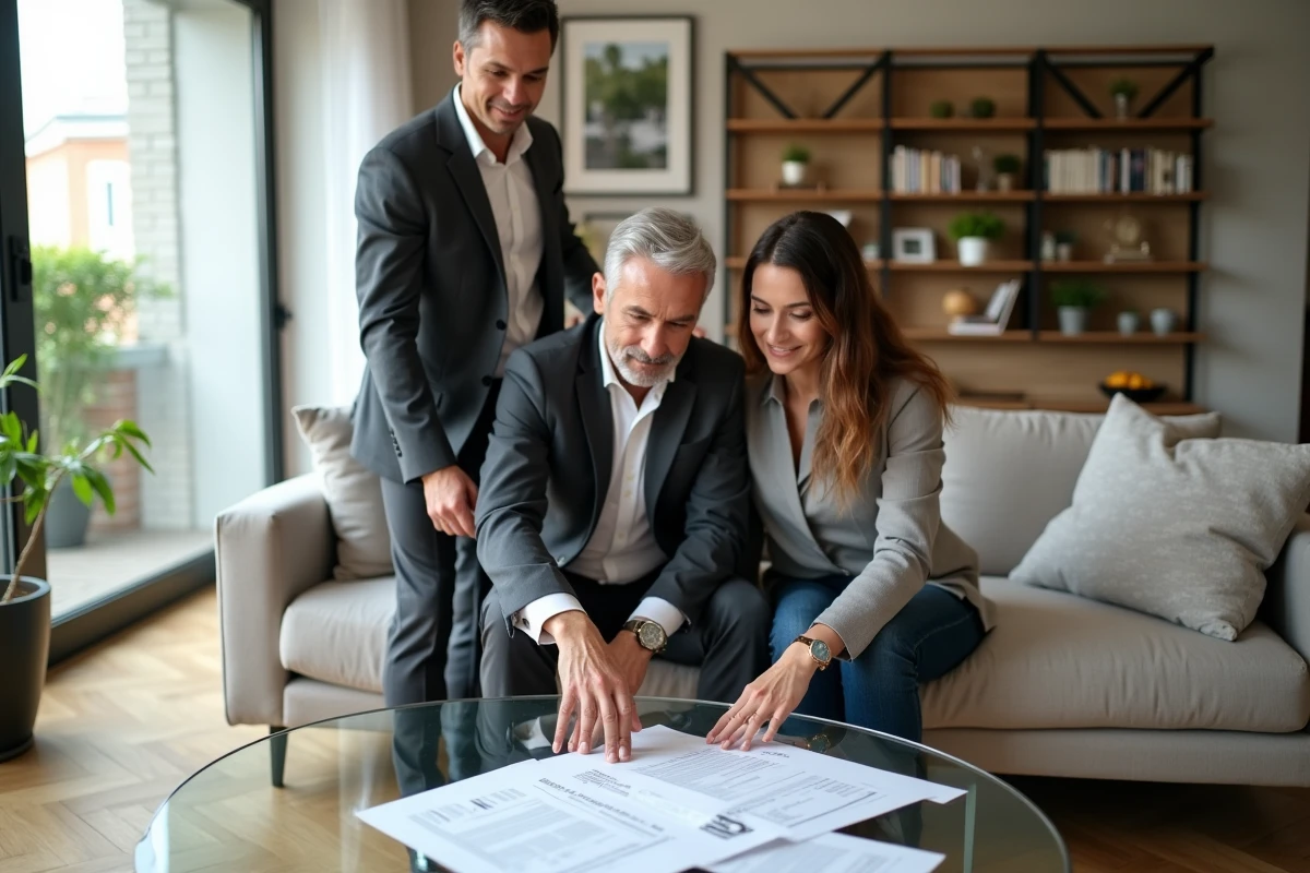 Conseiller immobilier présentant des documents d'estimation à des propriétaires vendeurs dans un salon moderne