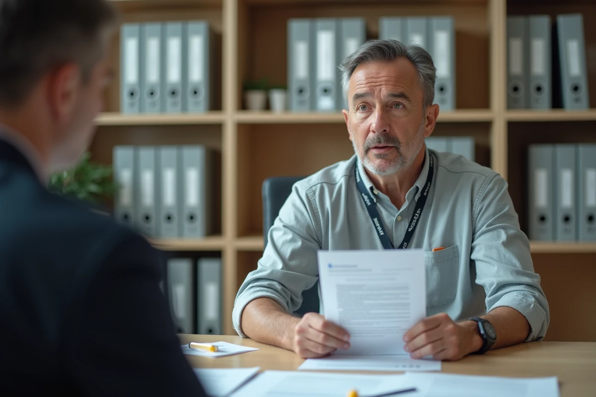Conseiller en logement social expliquant un dossier Bien veo à un demandeur dans un bureau administratif