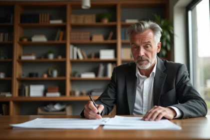 Conseiller en gestion de patrimoine immobilier examinant des documents officiels dans un bureau notarial moderne
