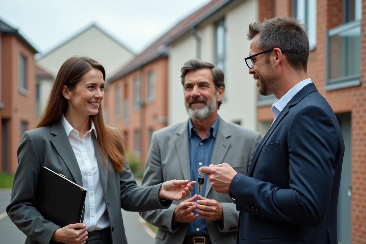 Conseillère en logement du comité interprofessionnel remettant des clés à de nouveaux résidents devant une résidence sociale neuve
