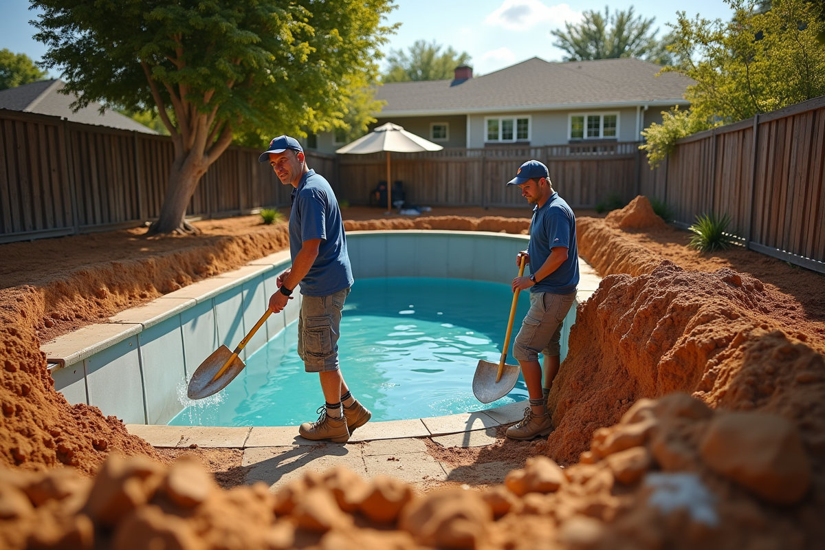 Construction d'une piscine enterrée dans un jardin avec ouvriers