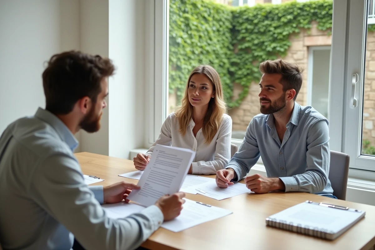 Couple consultant un notaire pour l'estimation d'une maison atypique lors d'un rendez-vous en office notarial