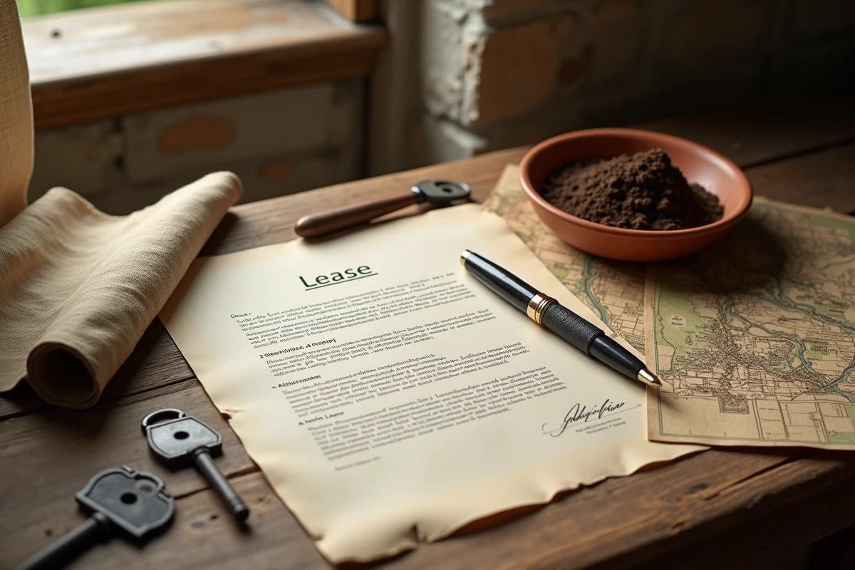 Documents de bail rural et clés sur une table en bois dans une ferme française illustrant le prêt à usage agricole