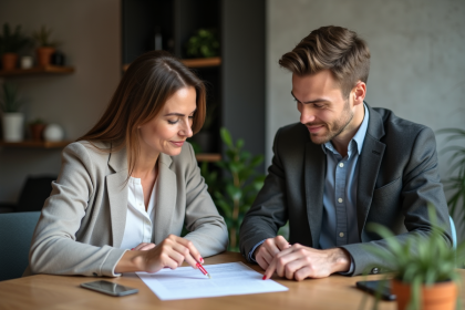 Femme et jeune homme discutent d'un contrat de location dans un appartement