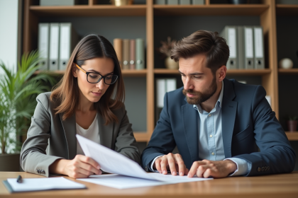 Femme et propri&eacute;taire examinent un contrat de location dans un bureau