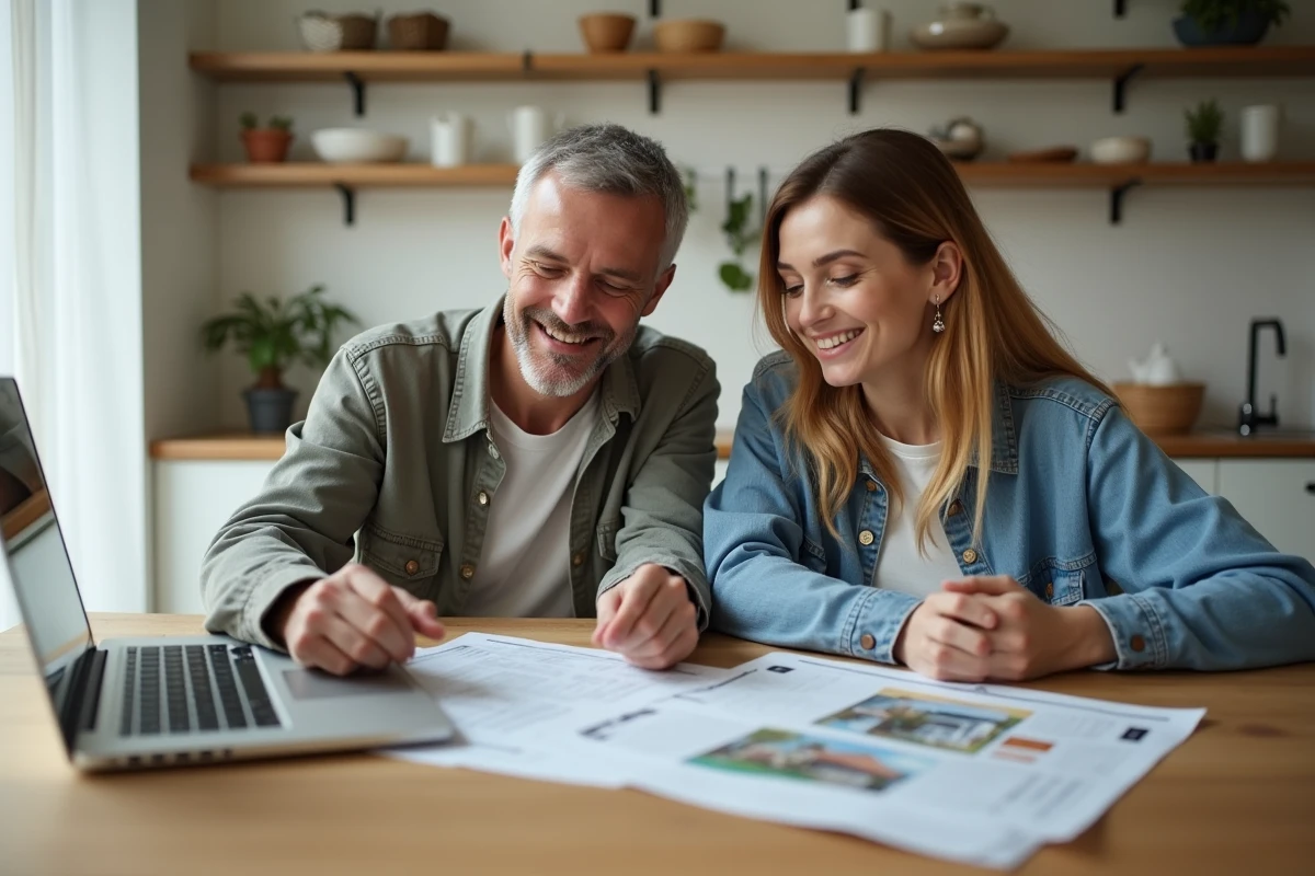 Couple d'acheteurs immobiliers consultant des avis et documents de vente à domicile pour évaluer un agent immobilier