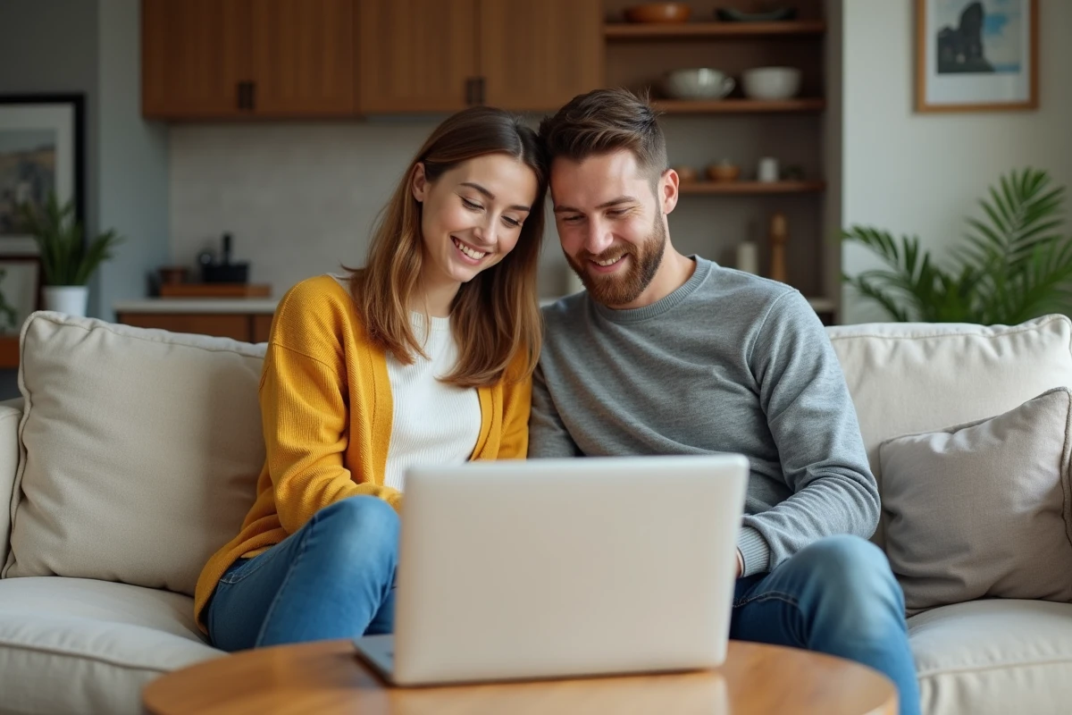 Couple de futurs acheteurs consultant une visite virtuelle de maison sur ordinateur portable depuis leur canapé