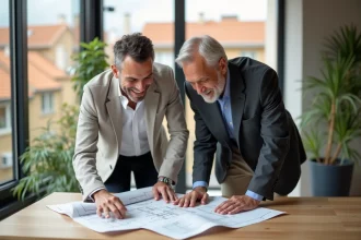 Couple consultant des plans immobiliers dans une agence immobilière moderne à Barcelone pour acquérir une résidence secondaire en Espagne