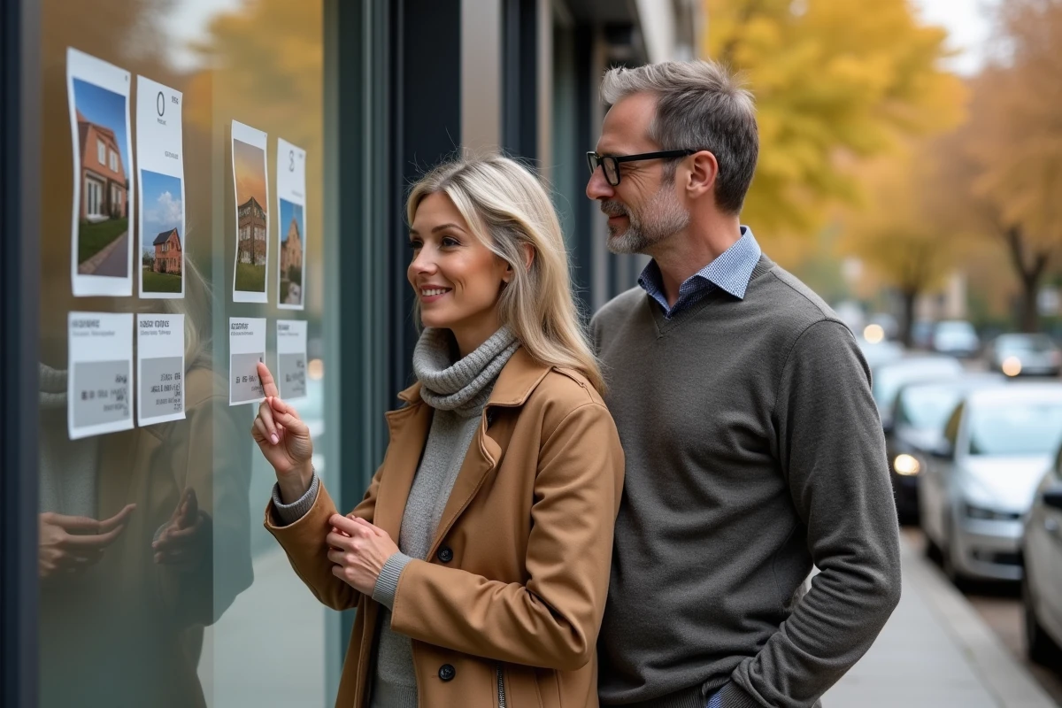 Couple regardant des annonces immobilières en vitrine d'une agence dans le quartier Montaudran-Lespinet à Toulouse