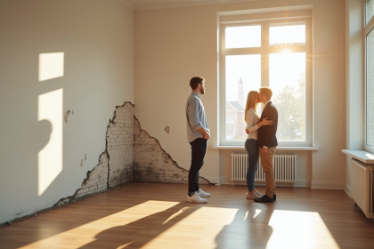 Jeune couple avec agent immobilier dans une pièce lumineuse examinant un mur humide