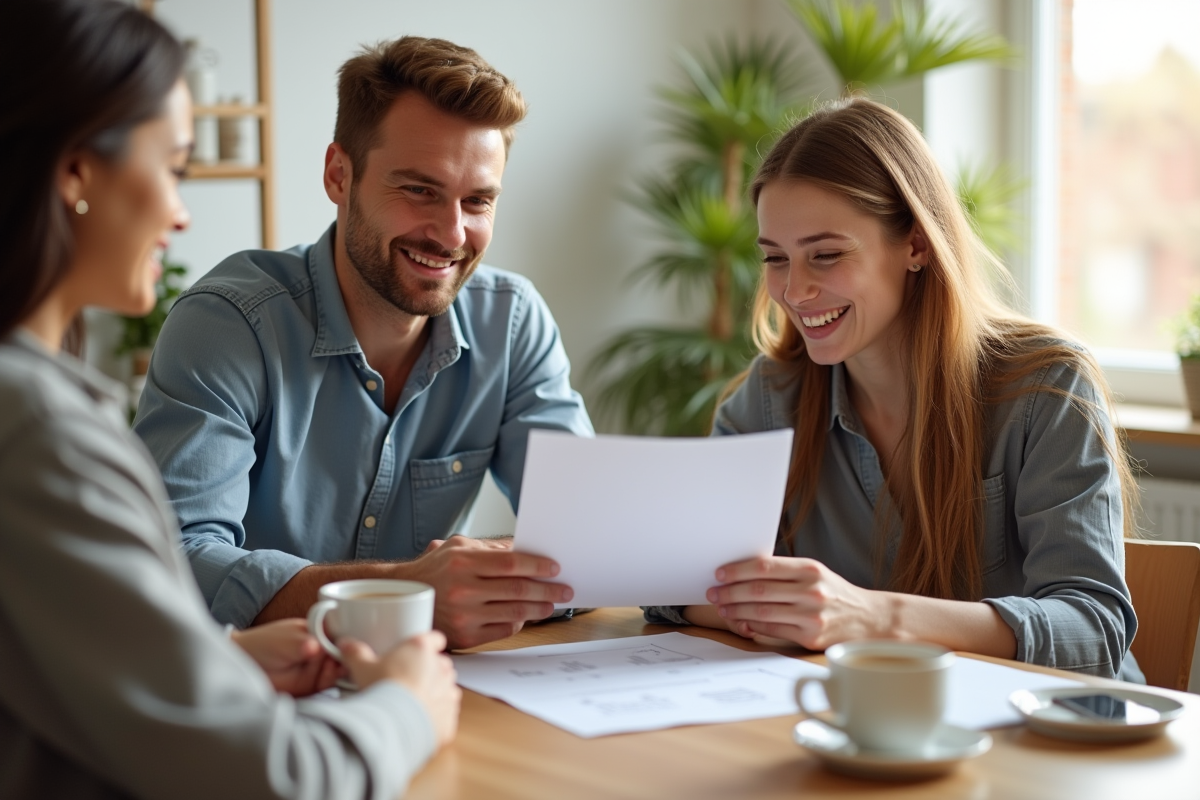Jeune couple avec agent d'assurance dans une cuisine lumineuse
