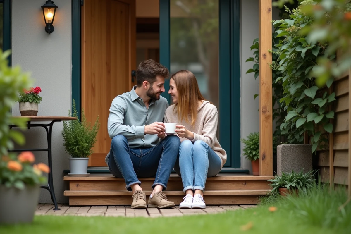 Couple prenant un café sur les marches de leur petite maison louée avec jardin en Auvergne après avoir quitté un appartement