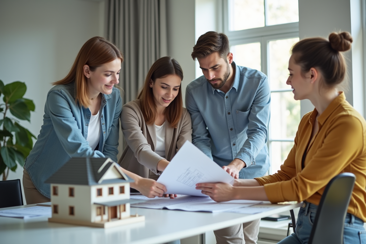 Jeune couple avec conseiller immobilier examinant plans