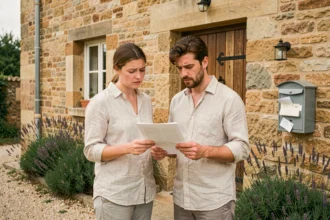 Couple examinant un contrat de location devant une petite maison en pierre avec jardin en Saône-et-Loire