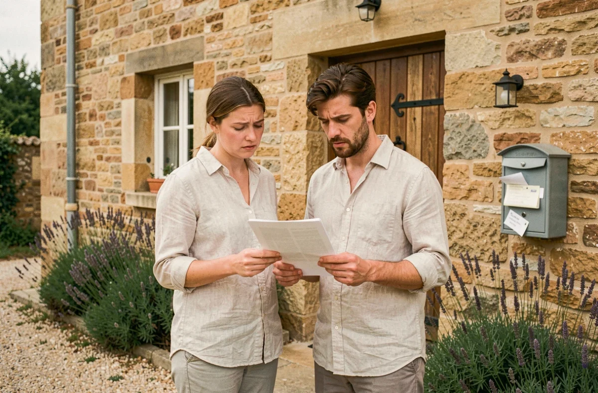 Couple examinant un contrat de location devant une petite maison en pierre avec jardin en Saône-et-Loire